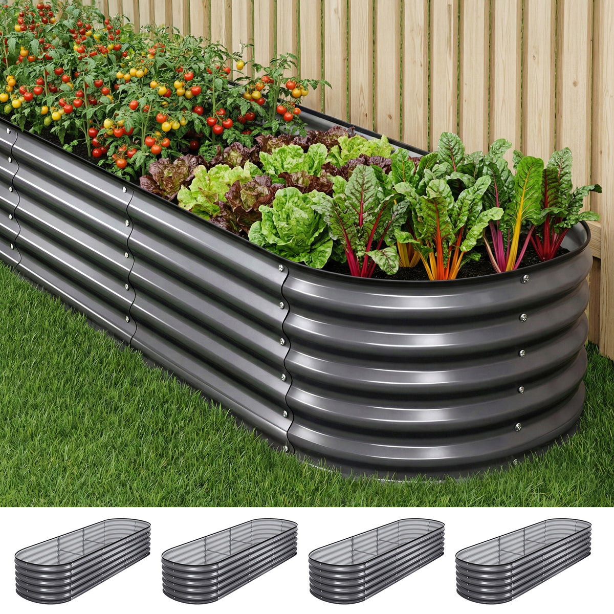 Green Fingers 4 Pcs Raised Garden Bed Kit Oval Galvanized Steel Planter Boxes 240x80x42cm, Heavy Duty Metal Elevated Garden Bed for Vegetables Flowers Herbs, with Safety Edging, Gloves & Pegs Included