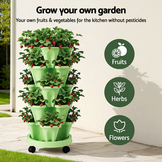 Green Fingers Garden Bed 5 Tier Vertical Garden Grey Strawberry Stackable Planters Herbs Light Green