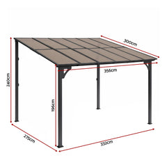Instahut Gazebo Lean-To Pergola Garden Patio Polycarbonate 356cm X 275cm Brown
