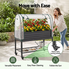 Green Fingers Mobile Raised Garden Bed with Greenhouse Cover Storage Shelf for Tomato Vegetables Herb Charcoal