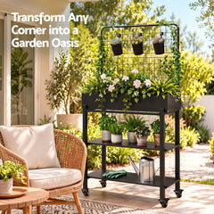 Green Fingers Mobile Raised Garden Bed with Trellis & Shelves Dark Grey