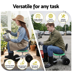 Gardeon Gardening Cart with 360° Swivel Seat | Rolling Work Seat with Adjustable Height & All-Terrain Wheels | 130KG Capacity Heavy Duty Garden Scooter for Back Pain Relief & Vehicle Detailing | Foldable Backrest & Ventilated Seat