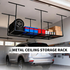 4x8ft Overhead Garage Storage Rack Heavy Duty Adjustable Mounted Metal Ceiling Rack Compatible With Joist Spacing of 91.5cm or Under 61cm Load 270kg Weight