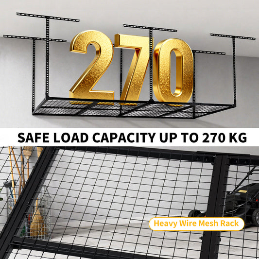 4x8ft Overhead Garage Storage Rack Heavy Duty Adjustable Mounted Metal Ceiling Rack Compatible With Joist Spacing of 91.5cm or Under 61cm Load 270kg Weight