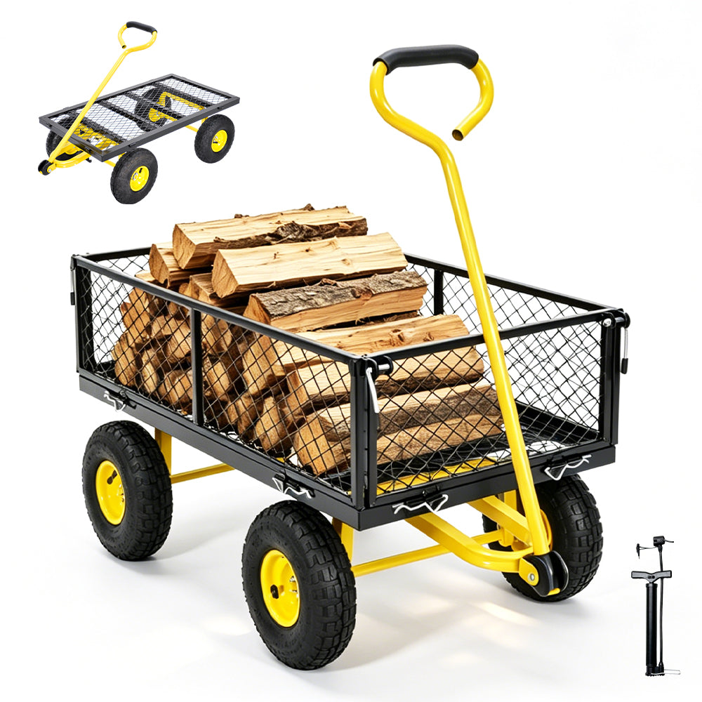 Garden Cart Heavy Duty Steel Utility Wagon Flatbed Convertible with 26cm Tires Detachable Handle and Removable Mesh Sides for Lawn Farm Yard 300kg Capacity