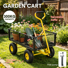 Garden Cart Heavy Duty Steel Utility Wagon Flatbed Convertible with 26cm Tires Detachable Handle and Removable Mesh Sides for Lawn Farm Yard 300kg Capacity