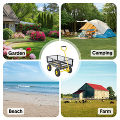 Garden Cart Heavy Duty Steel Utility Wagon Flatbed Convertible with 26cm Tires Detachable Handle and Removable Mesh Sides for Lawn Farm Yard 300kg Capacity
