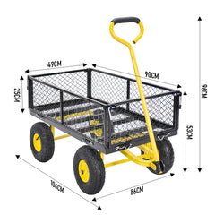 Garden Cart Heavy Duty Steel Utility Wagon Flatbed Convertible with 26cm Tires Detachable Handle and Removable Mesh Sides for Lawn Farm Yard 300kg Capacity