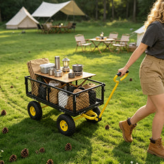 Garden Cart Heavy Duty Steel Utility Wagon Flatbed Convertible with 26cm Tires Detachable Handle and Removable Mesh Sides for Lawn Farm Yard 300kg Capacity