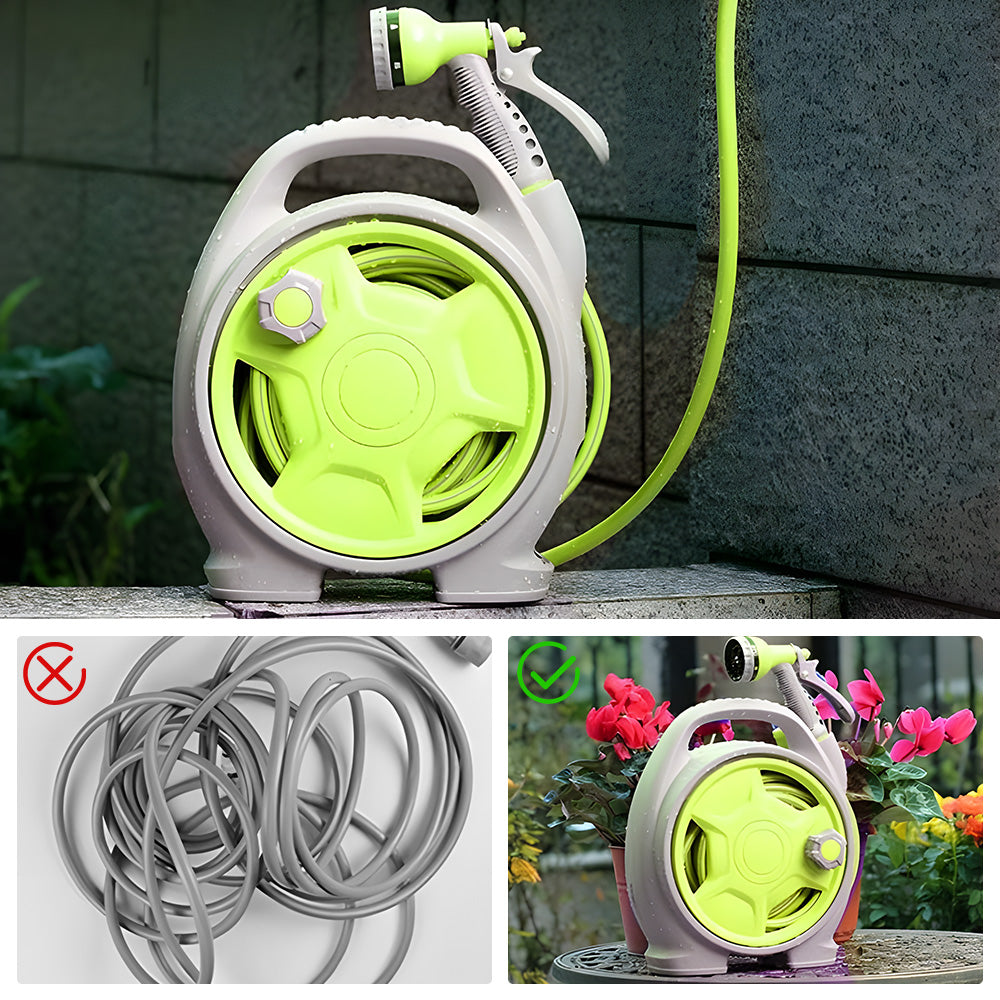Mini Portable Garden Pipe Hose Cart 15m Reel Storage Set Garden Hose Storage Rack 29x15x32cm With High Pressure Water Gun for Cleaning Car Washing