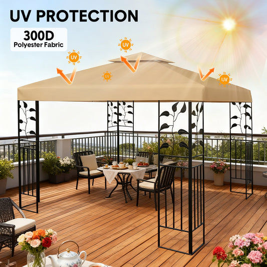 3x3m Gazebo Cover 2-Tier Canopy Replacement Outdoor Waterproof Shelter Top with Airvent and PA Coating for Garden Patio Pavilion Sun Shade Khaki