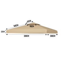 3x3m Gazebo Cover 2-Tier Canopy Replacement Outdoor Waterproof Shelter Top with Airvent and PA Coating for Garden Patio Pavilion Sun Shade Khaki