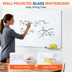 60x90cm Magnetic Glass Whiteboard Wall-mounted Dry Erase Board Frameless Tempered Glass White Board with Markers Magnets and Eraser for Home Office