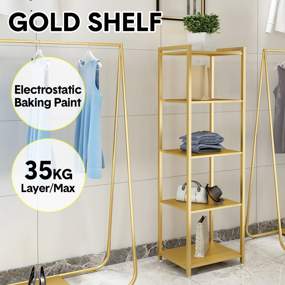 Gold Metal 5 Tiers Display Shelf Sturdy Open Display Rack Floor Standing Cabinet For Shop Home Office Storage Organizer 160cm Tall