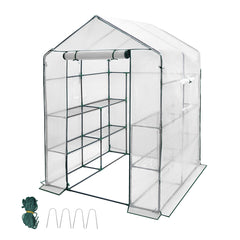 Greenhouse Walk-In Tunnel 3 Tier Planting Shelves 143x143x195cm Strong Stability with PE Cover Roll-up Zipper Door and Window for Outdoor Vegetable Plants