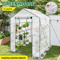 Greenhouse Walk-In Tunnel 3 Tier Planting Shelves 143x143x195cm Strong Stability with PE Cover Roll-up Zipper Door and Window for Outdoor Vegetable Plants