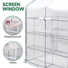 Greenhouse Walk-In Tunnel 3 Tier Planting Shelves 143x143x195cm Strong Stability with PE Cover Roll-up Zipper Door and Window for Outdoor Vegetable Plants