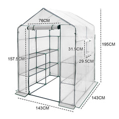 Greenhouse Walk-In Tunnel 3 Tier Planting Shelves 143x143x195cm Strong Stability with PE Cover Roll-up Zipper Door and Window for Outdoor Vegetable Plants