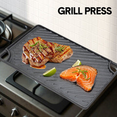 Reversible Cast Iron Griddle Rectangular BBQ Plate 43×24cm Double-Sided Flat Top Griddle Pan and Grooved Grill for Gas Stovetop Oven and Open Fire Black