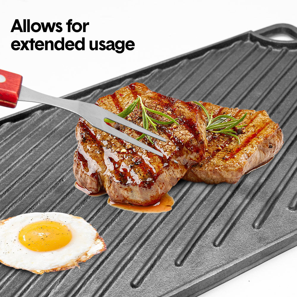 Reversible Cast Iron Griddle Rectangular BBQ Plate 43×24cm Double-Sided Flat Top Griddle Pan and Grooved Grill for Gas Stovetop Oven and Open Fire Black