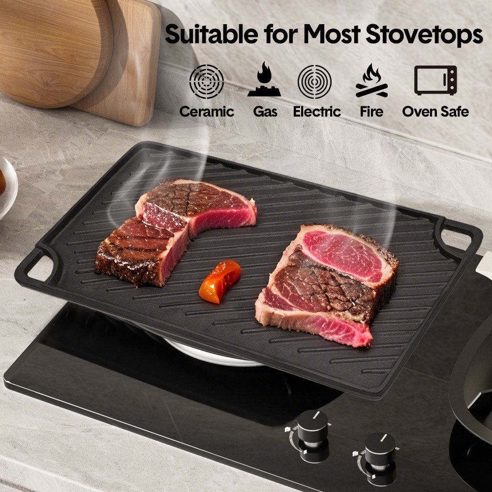 Reversible Cast Iron Griddle Rectangular BBQ Plate 43×24cm Double-Sided Flat Top Griddle Pan and Grooved Grill for Gas Stovetop Oven and Open Fire Black