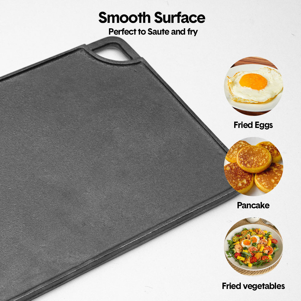 Reversible Cast Iron Griddle Rectangular BBQ Plate 43×24cm Double-Sided Flat Top Griddle Pan and Grooved Grill for Gas Stovetop Oven and Open Fire Black