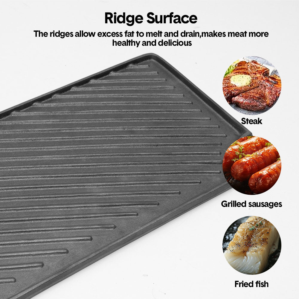 Reversible Cast Iron Griddle Rectangular BBQ Plate 43×24cm Double-Sided Flat Top Griddle Pan and Grooved Grill for Gas Stovetop Oven and Open Fire Black