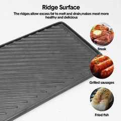 Reversible Cast Iron Griddle Rectangular BBQ Plate 43×24cm Double-Sided Flat Top Griddle Pan and Grooved Grill for Gas Stovetop Oven and Open Fire Black