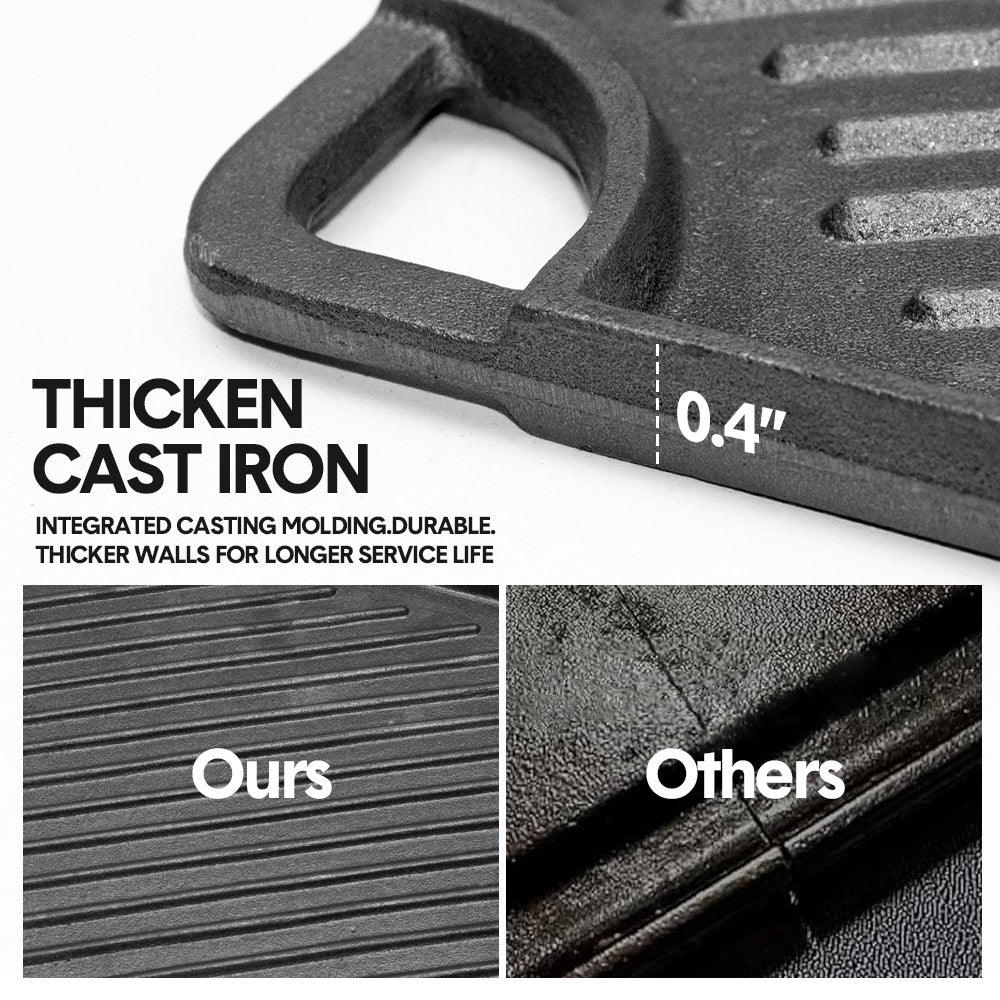 Reversible Cast Iron Griddle Rectangular BBQ Plate 43×24cm Double-Sided Flat Top Griddle Pan and Grooved Grill for Gas Stovetop Oven and Open Fire Black