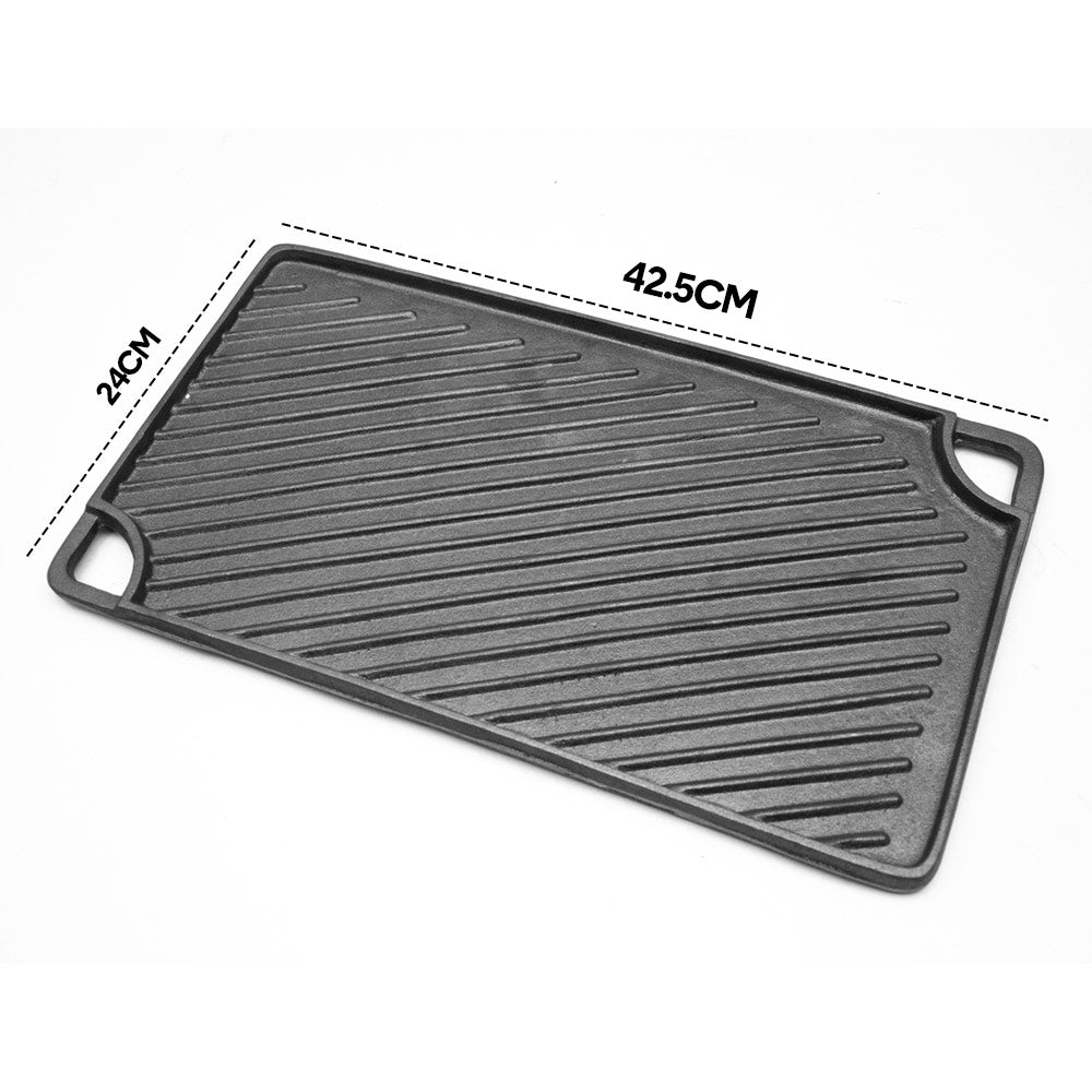 Reversible Cast Iron Griddle Rectangular BBQ Plate 43×24cm Double-Sided Flat Top Griddle Pan and Grooved Grill for Gas Stovetop Oven and Open Fire Black