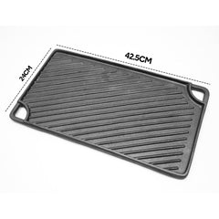 Reversible Cast Iron Griddle Rectangular BBQ Plate 43×24cm Double-Sided Flat Top Griddle Pan and Grooved Grill for Gas Stovetop Oven and Open Fire Black