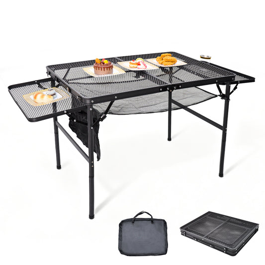 Folding Grill Table 135x60cm Portable Height Adjustable Camping Table with 2 Wing Panels Mesh Desktop and Mesh Storage for Outdoor BBQ Camping Picnic