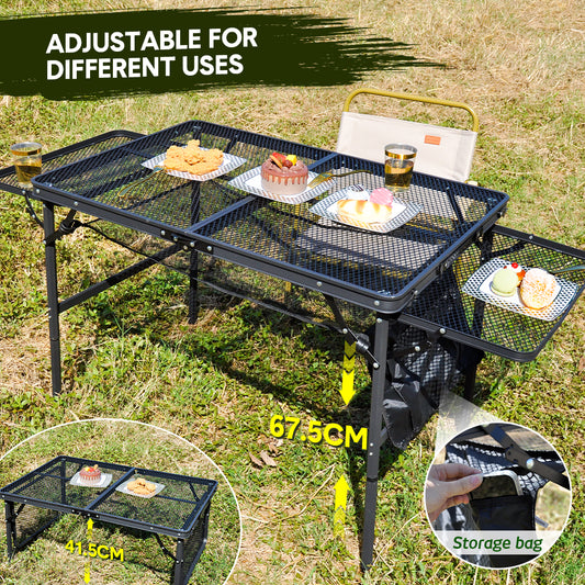 Folding Grill Table 135x60cm Portable Height Adjustable Camping Table with 2 Wing Panels Mesh Desktop and Mesh Storage for Outdoor BBQ Camping Picnic