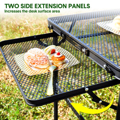 Folding Grill Table 135x60cm Portable Height Adjustable Camping Table with 2 Wing Panels Mesh Desktop and Mesh Storage for Outdoor BBQ Camping Picnic