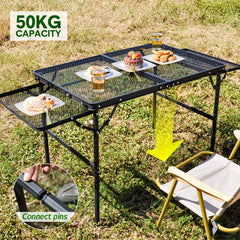 Folding Grill Table 135x60cm Portable Height Adjustable Camping Table with 2 Wing Panels Mesh Desktop and Mesh Storage for Outdoor BBQ Camping Picnic