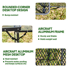 Folding Grill Table 135x60cm Portable Height Adjustable Camping Table with 2 Wing Panels Mesh Desktop and Mesh Storage for Outdoor BBQ Camping Picnic