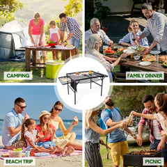 Folding Grill Table 135x60cm Portable Height Adjustable Camping Table with 2 Wing Panels Mesh Desktop and Mesh Storage for Outdoor BBQ Camping Picnic