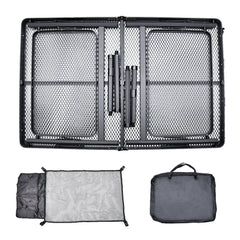 Folding Grill Table 135x60cm Portable Height Adjustable Camping Table with 2 Wing Panels Mesh Desktop and Mesh Storage for Outdoor BBQ Camping Picnic