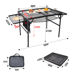 Folding Grill Table 135x60cm Portable Height Adjustable Camping Table with 2 Wing Panels Mesh Desktop and Mesh Storage for Outdoor BBQ Camping Picnic