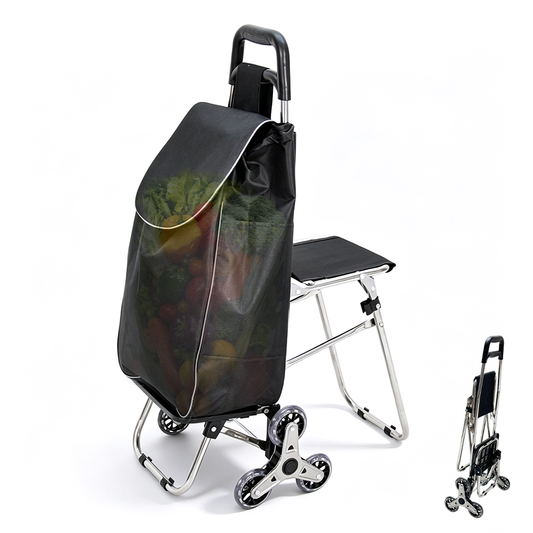 40L Folding Shopping Trolley Multipurpose 6 Wheels Stair Climbing Cart Steel Frame with Seat and Removable Oxford Bag for Shopping Grocery 80kg Capacity