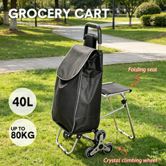 40L Folding Shopping Trolley Multipurpose 6 Wheels Stair Climbing Cart Steel Frame with Seat and Removable Oxford Bag for Shopping Grocery 80kg Capacity