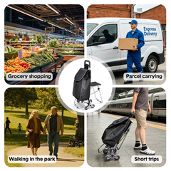40L Folding Shopping Trolley Multipurpose 6 Wheels Stair Climbing Cart Steel Frame with Seat and Removable Oxford Bag for Shopping Grocery 80kg Capacity