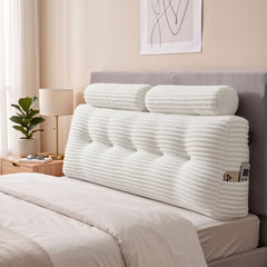 Giselle wedge pillow headboard with non-flattening shredded foam core, perfect for dorm reading or sofa lap desk, 330g corduroy cover, side pockets, Queen