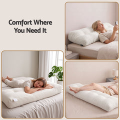 Giselle wedge pillow headboard with non-flattening shredded foam core, perfect for dorm reading or sofa lap desk, 330g corduroy cover, side pockets, Queen