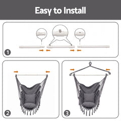 Gardeon Hammock Chair Camping Macrame Hanging Swing Cushions Metal Bar Grey
