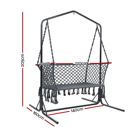 Gardeon Hammock Chair with Stand Macrame Outdoor Garden 2 Seater Grey