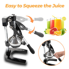 Manual Hand Press Juicer Black Commercial 304 Stainless Steel Fruit Extractor Squeezer Orange Citrus Juicer Presser with Non Slip Base and Elongated Handle
