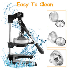 Manual Hand Press Juicer Black Commercial 304 Stainless Steel Fruit Extractor Squeezer Orange Citrus Juicer Presser with Non Slip Base and Elongated Handle