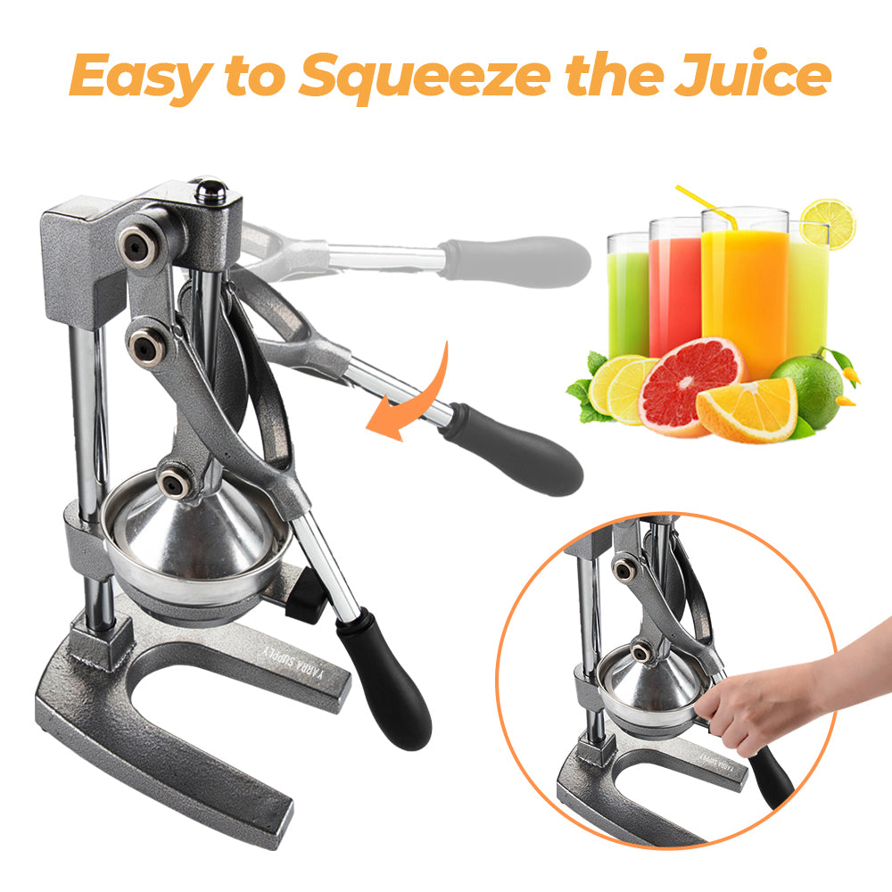 Manual Hand Press Juicer Grey Commercial 304 Stainless Steel Fruit Extractor Squeezer Orange Citrus Juicer Presser with Non Slip Base Elongated Handle
