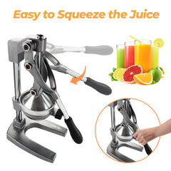 Manual Hand Press Juicer Grey Commercial 304 Stainless Steel Fruit Extractor Squeezer Orange Citrus Juicer Presser with Non Slip Base Elongated Handle